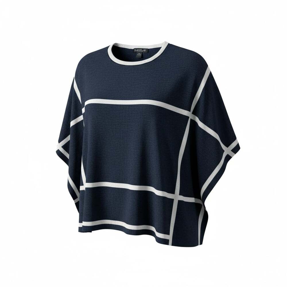 August Silk Navy Blue and White Windowpane Poncho Sweater